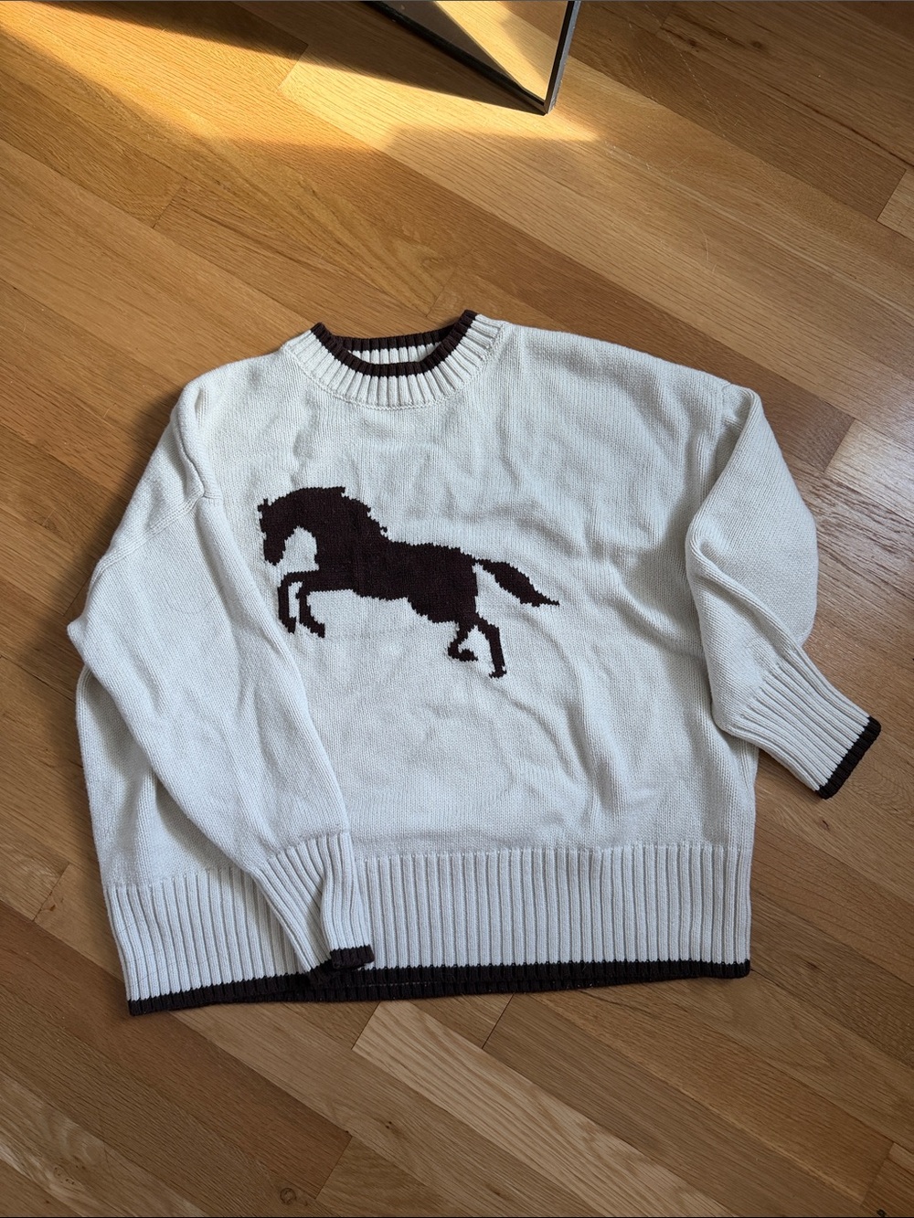 Cream Crewneck Sweater with Dark Brown Horse Motif